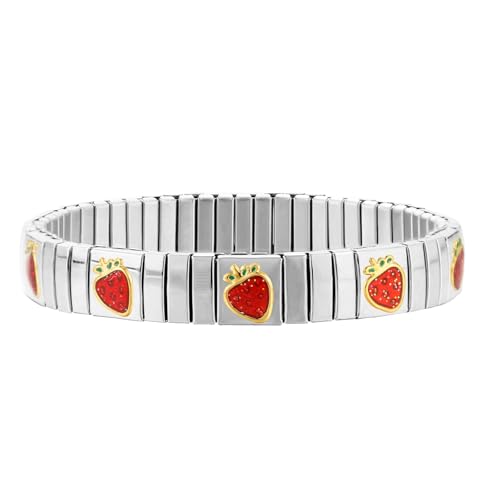 Loozykit Elastisches Edelstah Armband silber gold für Damen Dehnbarer Hypoallergener Schmuck Fertiges Armband Gelbgold Silber Unisex Geschenk Urlaubssouvenirs(Silber Erdbeere) von Loozykit
