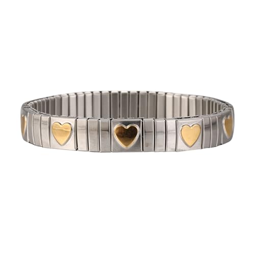 Loozykit Elastisches Edelstah Armband silber gold für Damen Dehnbarer Hypoallergener Schmuck Fertiges Armband Gelbgold Silber Unisex Geschenk Urlaubssouvenirs(Silber Herz) von Loozykit