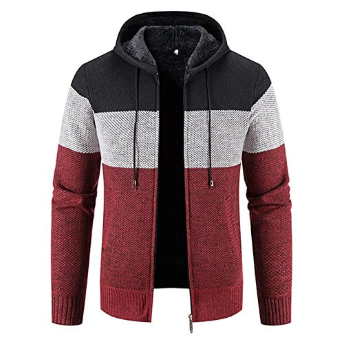 Loozykit Herren Strickjacke Strickpullover mit Kapuze Fleece Gefüttert Reißverschluss Langarm Kapuzenpullover Cardigan Hoodie Strickmantel jacke Freizeitjacke Outwear(2XL,Weinrot mit Kapuze) von Loozykit