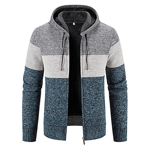 Loozykit Herren Strickjacke Strickpullover mit Kapuze Fleece Gefüttert Reißverschluss Langarm Kapuzenpullover Cardigan Hoodie Strickmantel jacke Freizeitjacke Outwear(XL,Blau Grau mit Kapuze) von Loozykit