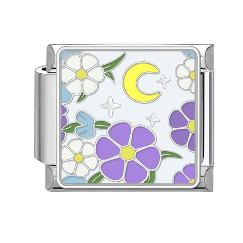 Loozykit Italian Charm Bracelet Charms Silber 9mm Italian Charms Edelstähle spleißbar Blumen Moon Style Italienisches Charm Armband DIY Mädchen Junge Geschenk(Lila Blumenmond) von Loozykit
