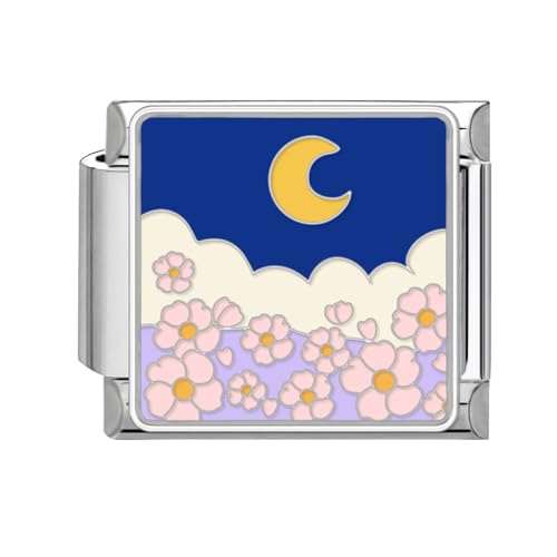 Loozykit Italian Charm Bracelet Charms Silber 9mm Italian Charms Edelstähle spleißbar Blumen Moon Style Italienisches Charm Armband DIY Mädchen Junge Geschenk(Mond rosa Blume) von Loozykit