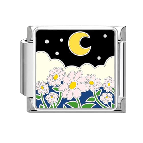 Loozykit Italian Charm Bracelet Charms Silber 9mm Italian Charms Edelstähle spleißbar Blumen Moon Style Italienisches Charm Armband DIY Mädchen Junge Geschenk(Mond rosa Blume schwarz) von Loozykit