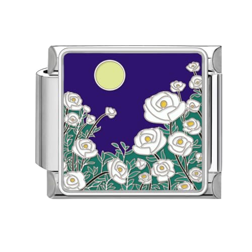 Loozykit Italian Charm Bracelet Charms Silber 9mm Italian Charms Edelstähle spleißbar Blumen Moon Style Italienisches Charm Armband DIY Mädchen Junge Geschenk(Mond weiße Rose) von Loozykit