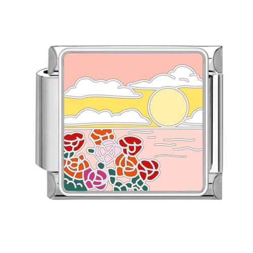 Loozykit Italian Charm Bracelet Charms Silber 9mm Italian Charms Edelstähle spleißbar Blumen Moon Style Italienisches Charm Armband DIY Mädchen Junge Geschenk(Rote Blumen) von Loozykit