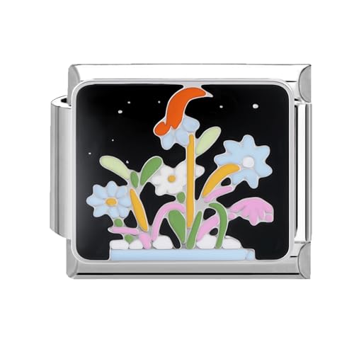 Loozykit Italian Charm Bracelet Charms Silber 9mm Italian Charms Edelstähle spleißbar Blumen Moon Style Italienisches Charm Armband DIY Mädchen Junge Geschenk(Schwarz gefärbte Blumen) von Loozykit