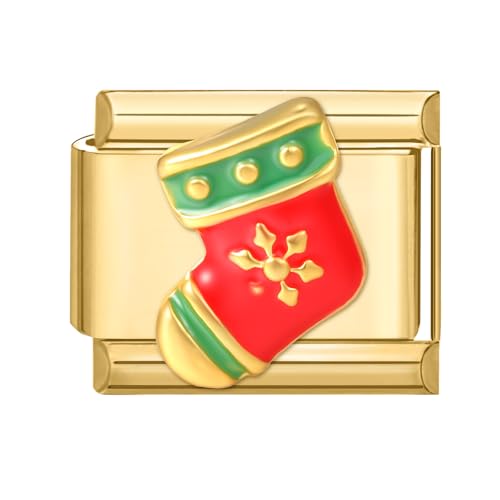 Loozykit Italian charm bracelet charms Gold Weihnachts Serie 9mm Italian charms Edelstahl Italian Style Charm Modul für Italienische armband damen herren Geschenk(Rot grüne Weihnachtssocken) von Loozykit