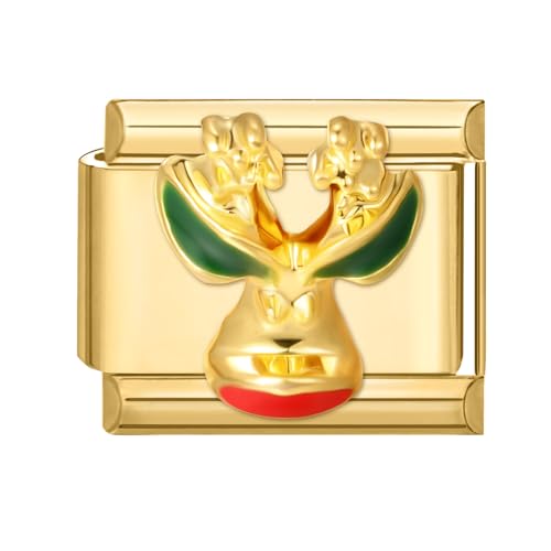 Loozykit Italian charm bracelet charms Gold Weihnachts Serie 9mm Italian charms Edelstahl Italian Style Charm Modul für Italienische armband damen herren Geschenk(Rot grüner Hirschkopf) von Loozykit