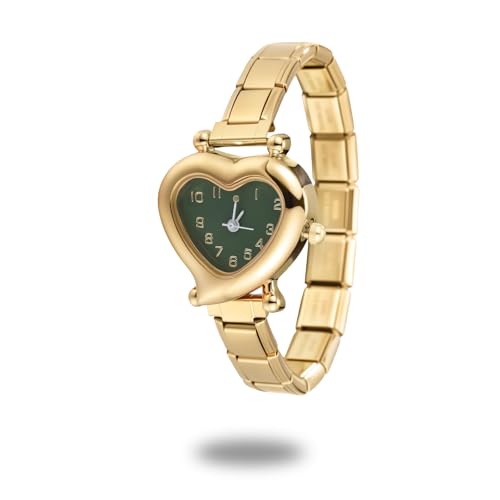 Loozykit Italian charm bracelet gold silber men italian Charms watch for women Spleißbar Edelstahl italian charm watch armband DIY armband modul uhr Geschenke(Golde herzform grün 18,5 * 4 cm) von Loozykit