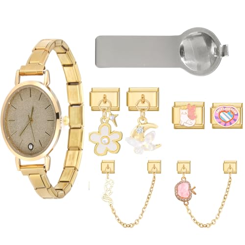 Loozykit Italian chram bracelet charms Set mit Herz-Armbanduhr italian Charms Silber Edelstahl Mehrere Charms Watch Kombinationen Dekorative charm Armbander Uhr Geschenk (Gold cheibe weiß) von Loozykit