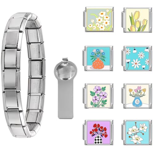 Loozykit Personalisierung Italian Charm Bracelet Charms Gold Silber 8pcs Module für 9mm Italian charms für Damen DIY Abnehmbar Italienisches Charm Armband Mädchen Geschenk(Silber Blumenset 1) von Loozykit