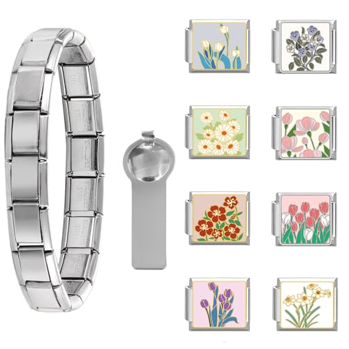 Loozykit Personalisierung Italian Charm Bracelet Charms Gold Silber 8pcs Module für 9mm Italian charms für Damen DIY Abnehmbar Italienisches Charm Armband Mädchen Geschenk(Silber Blumenset 10) von Loozykit