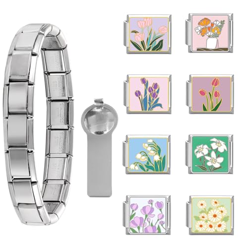 Loozykit Personalisierung Italian Charm Bracelet Charms Gold Silber 8pcs Module für 9mm Italian charms für Damen DIY Abnehmbar Italienisches Charm Armband Mädchen Geschenk(Silber Blumenset 11) von Loozykit