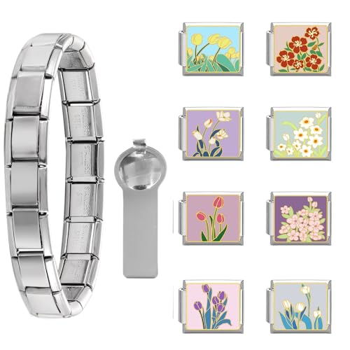 Loozykit Personalisierung Italian Charm Bracelet Charms Gold Silber 8pcs Module für 9mm Italian charms für Damen DIY Abnehmbar Italienisches Charm Armband Mädchen Geschenk(Silber Blumenset 12) von Loozykit