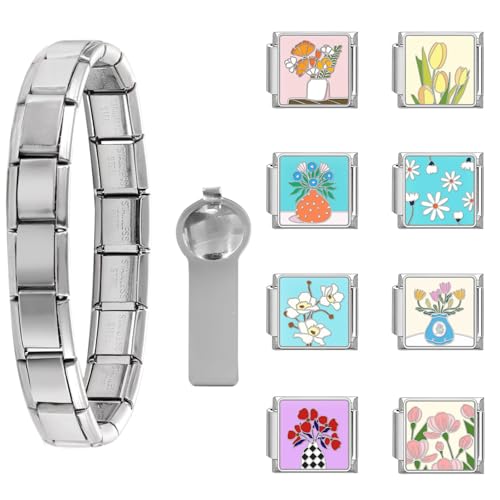 Loozykit Personalisierung Italian Charm Bracelet Charms Gold Silber 8pcs Module für 9mm Italian charms für Damen DIY Abnehmbar Italienisches Charm Armband Mädchen Geschenk(Silber Blumenset 2) von Loozykit