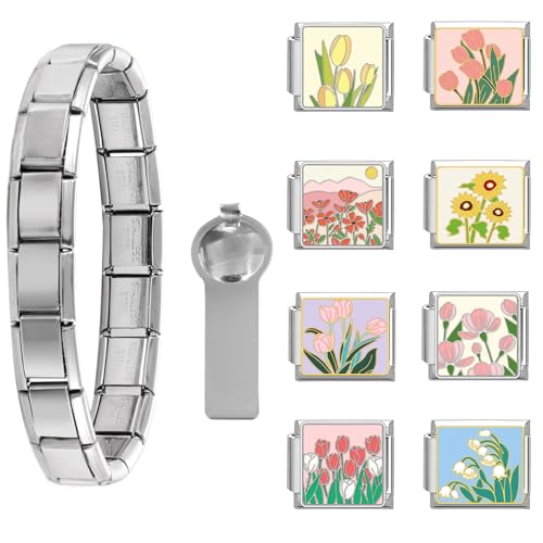 Loozykit Personalisierung Italian Charm Bracelet Charms Gold Silber 8pcs Module für 9mm Italian charms für Damen DIY Abnehmbar Italienisches Charm Armband Mädchen Geschenk(Silber Blumenset 3) von Loozykit