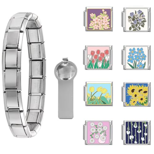 Loozykit Personalisierung Italian Charm Bracelet Charms Gold Silber 8pcs Module für 9mm Italian charms für Damen DIY Abnehmbar Italienisches Charm Armband Mädchen Geschenk(Silber Blumenset 4) von Loozykit