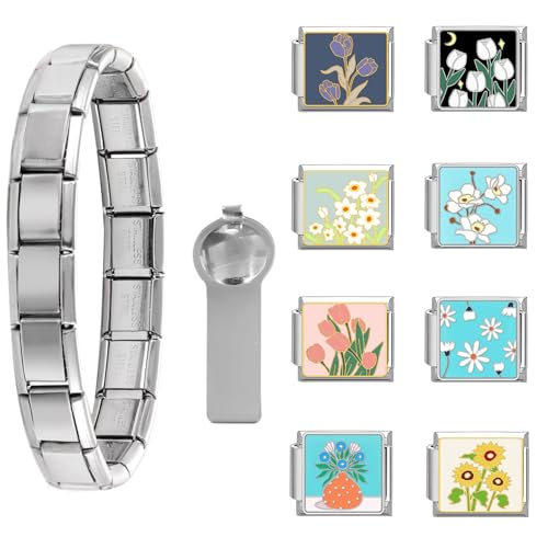Loozykit Personalisierung Italian Charm Bracelet Charms Gold Silber 8pcs Module für 9mm Italian charms für Damen DIY Abnehmbar Italienisches Charm Armband Mädchen Geschenk(Silber Blumenset 5) von Loozykit