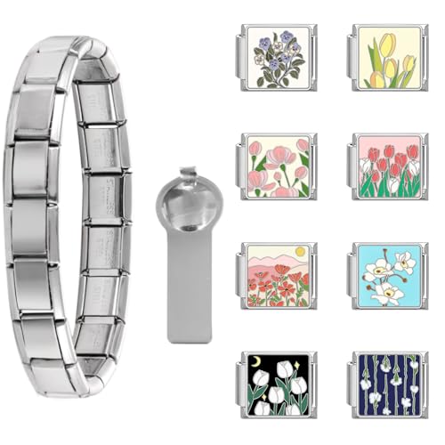 Loozykit Personalisierung Italian Charm Bracelet Charms Gold Silber 8pcs Module für 9mm Italian charms für Damen DIY Abnehmbar Italienisches Charm Armband Mädchen Geschenk(Silber Blumenset 7) von Loozykit