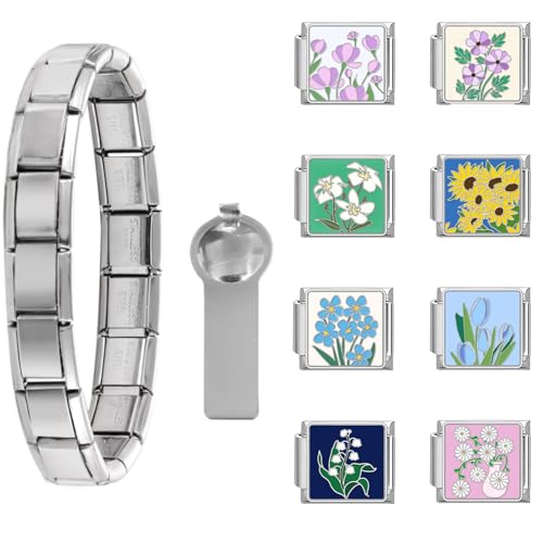 Loozykit Personalisierung Italian Charm Bracelet Charms Gold Silber 8pcs Module für 9mm Italian charms für Damen DIY Abnehmbar Italienisches Charm Armband Mädchen Geschenk(Silber Blumenset 8) von Loozykit