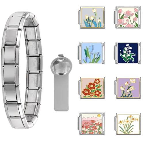 Loozykit Personalisierung Italian Charm Bracelet Charms Gold Silber 8pcs Module für 9mm Italian charms für Damen DIY Abnehmbar Italienisches Charm Armband Mädchen Geschenk(Silber Blumenset 9) von Loozykit