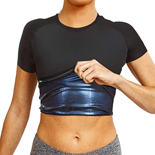 Loozykit Sauna Shirt Schweiß Weste Männer Damen Unterstützt Gewichtsverlust Neopren Sauna Hemd Body Shaper Workout Sport T-Shirt Yoga Laufshirt Funktionsshirt Nahtlos Oberteile(M,Schwarz-Damen) von Loozykit