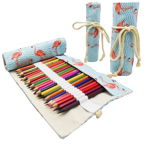 Lopenle Federmäppchen aus Segeltuch mit Flamingo-Muster, zum Aufrollen, für Künstler, Erwachsene, Malerei, Reise-Organizer, mit 24 Fächern (Flamingo) von Lopenle