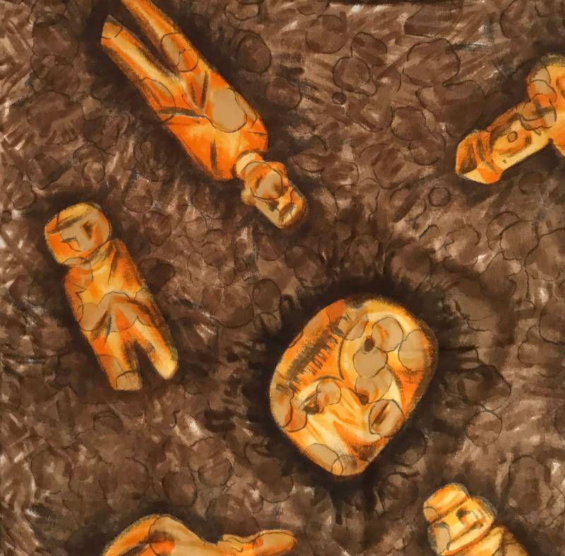 Vintage Seidenschal Mid-Century Inka Statuen Print, Braun & Golden von Loppislover