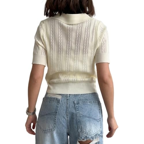 LoprNsdgt Damen Kurzarm Poloshirts Reverskragen Vintage Slim Fit Strick T-Shirt Ausgehen,Beige,L von LoprNsdgt