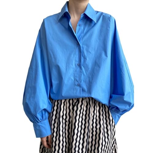 LoprNsdgt Damen Laterne Langarm Tops Frühling Sommer Button Down Einfarbig Plissee Mit Manschetten Lässige Bluse,Blau,M LoprNsdgt Damen Laterne Langarm Tops Frühling Sommer Button Down Einfarbig Plissee Mit Manschetten Lässige Bluse,Blau,M von LoprNsdgt