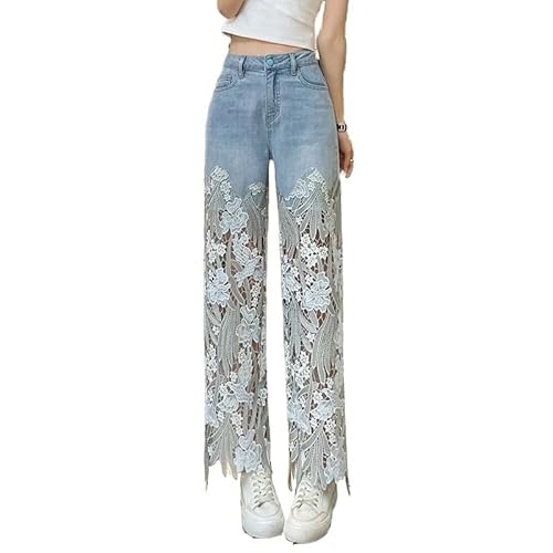 LoprNsdgt Damen Spitze Patchwork Hollow Out Jeans Hoch Taillierte Lässige Gerade Hose,Blau,3XL von LoprNsdgt