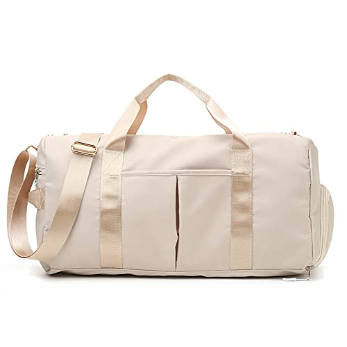 Turnbeutel für Damen und Herren, Reisetasche Duffel Bag für Sport und Wochenendausflug, wasserdichte Dufflebag mit Schuh- und Nasswäschefächern, beige von Lopwin