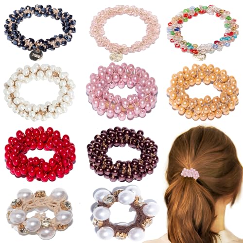 Loqpol 10 x Perlen-Haargummis | dehnbare elastische Haargummis mit Kristallperlen, ausgefallene handgefertigte Haarbänder, Pferdeschwanz-Halter, perfektes Haar-Accessoire für Frauen und Mädchen. von loqpol