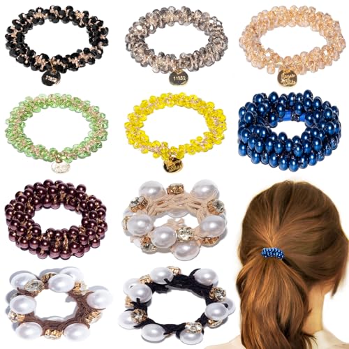 Loqpol 10 x Perlen-Haargummis | dehnbare elastische Haargummis mit Kristallperlen, ausgefallene handgefertigte Haarbänder, Pferdeschwanz-Halter, perfektes Haar-Accessoire für Frauen und Mädchen. von loqpol