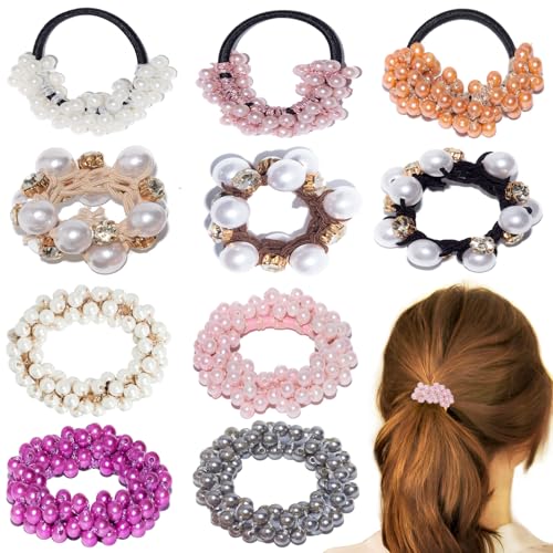 Loqpol 10 x Perlen-Haargummis | dehnbare elastische Haargummis mit Kristallperlen, ausgefallene handgefertigte Haarbänder, Pferdeschwanz-Halter, perfektes Haar-Accessoire für Frauen und Mädchen. von loqpol