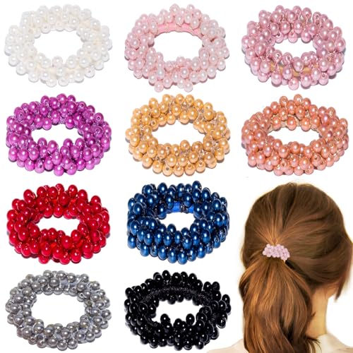 Loqpol 10 x Perlen-Haargummis | dehnbare elastische Haargummis mit Kristallperlen, ausgefallene handgefertigte Haarbänder, Pferdeschwanz-Halter, perfektes Haar-Accessoire für Frauen und Mädchen. von loqpol