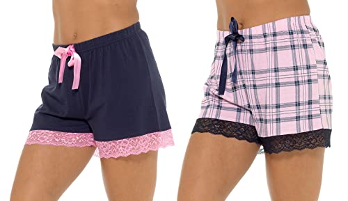 2er-Pack Lounge-Shorts, für Damen und Mädchen, luxuriöser Spitzenbesatz, Jersey, Baumwolle, kurze Pyjamahose, Pink/Marineblau, L von Lora Dora