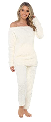 Damen-Pyjama, Fleece, Teddybär-Garn, Lounge-Set, schulterfrei, Pullover mit Bündchen, cremefarben, 36 von Lora Dora