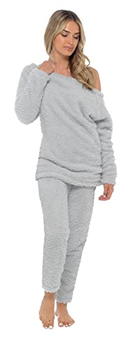 Damen-Pyjama, Fleece, Teddybär-Garn, Lounge-Set, schulterfrei, Pullover mit Bündchen, grau, 36 von Lora Dora