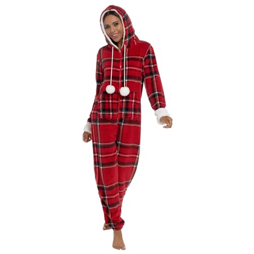 Lora Dora Damen Overall Damen Karo-Print Overall Luxus Tartan-Print Fleece Kapuzenpyjama Pjs Rot Größe X Groß EU 48-50 von Lora Dora