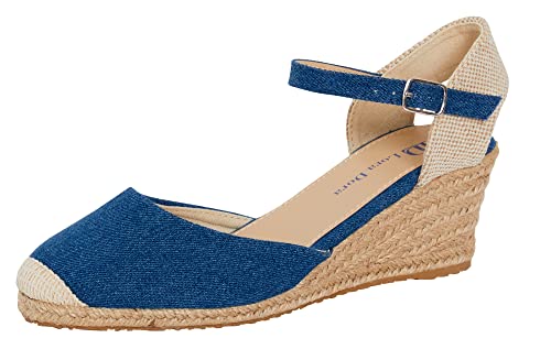 Damen Riemen-Peeptoe-Keilabsatz-Sandalen, Damen Sommer-Schuhe, Denim-Blau, 36 EU von Lora Dora