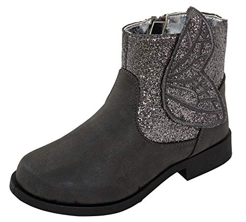 Mädchen 3D Glitzer Flügel Grau Low Block Heel Knöchelstiefel Kids Sparkle Party Schuhe, Grau - grau - Größe: 33 EU von Lora Dora