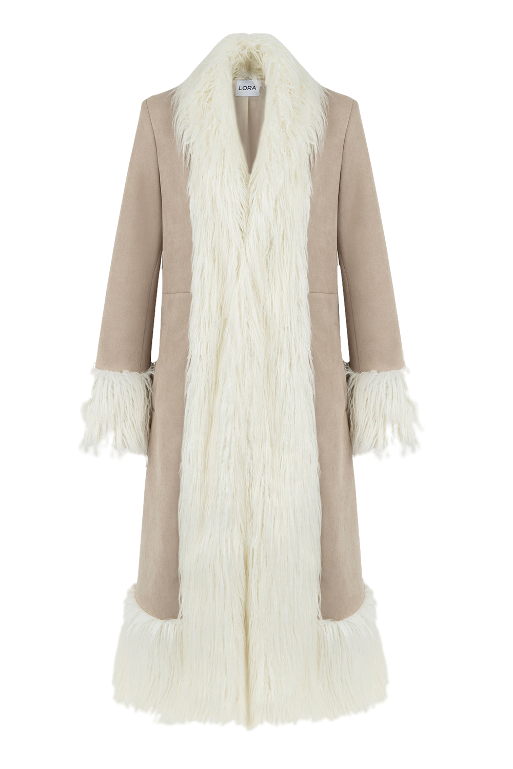 Lora Beige Faux Fur Suede Long Coat von Lora Istanbul