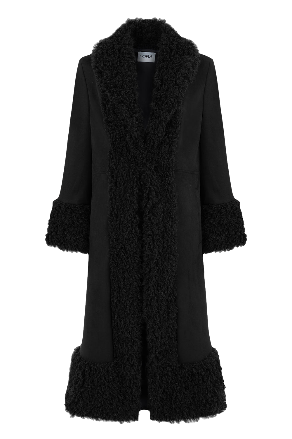 Lora Black Faux Fur Suede Long Coat von Lora Istanbul