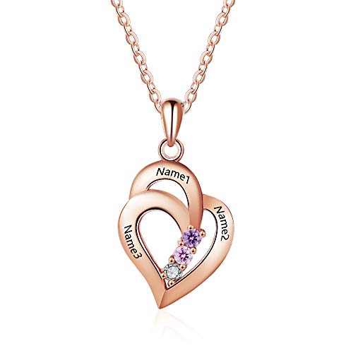 Lorajewel Personalisierte Kette mit Geburtsstein 3 Namen Damen Herz Halskette mit Gravur Sterling Silber 925 Kette Geschenke für sie Mutter und Tochter Schwester Ehefrau Rosegold von lorajewel