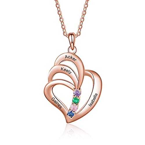 Lorajewel Personalisierte Kette mit Geburtsstein 4 Namen Damen Herz Halskette mit Gravur Sterling Silber 925 Kette Geschenke für sie Mutter und Tochter Schwester Ehefrau Rosegold von lorajewel