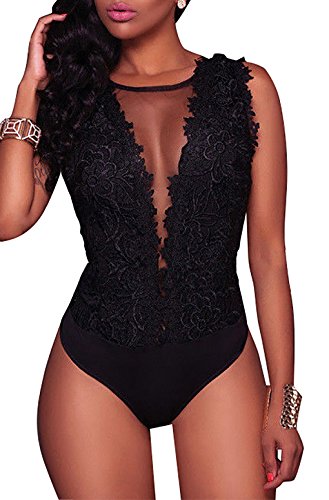 Sexy ärmelloser Body für Damen, Spitze, tiefer V-Ausschnitt, Jumpsuit-Outfit, für Clubs Gr. L, Schwarz von Loalirando