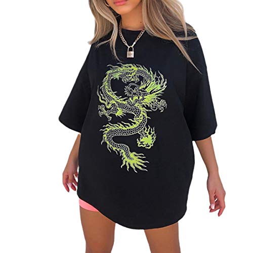 Loralie Japanischen Stil Damen Kurzarm Ukiyo-e T-Shirt Sommer Oberteile Teenager Mädchen Oberteile Boyfriend Tshirt (M, Drachen/Schwarz) von Loralie