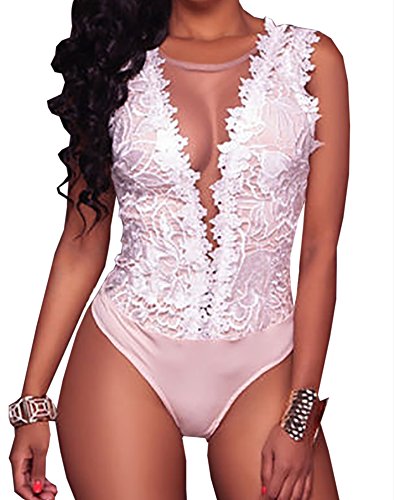 Loralie Sexy ärmelloser Body für Damen, Spitze, tiefer V-Ausschnitt, Jumpsuit-Outfit, für Clubs, L, Weiß von Loralie