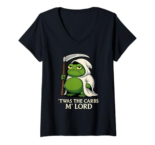 Damen Lustiger Sensenmann Frosch TWAS The Carbs Meme Zitat T-Shirt mit V-Ausschnitt Damen Lustiger Sensenmann Frosch TWAS The Carbs Meme Zitat T-Shirt mit V-Ausschnitt von Lord Carbohydrates Apparel